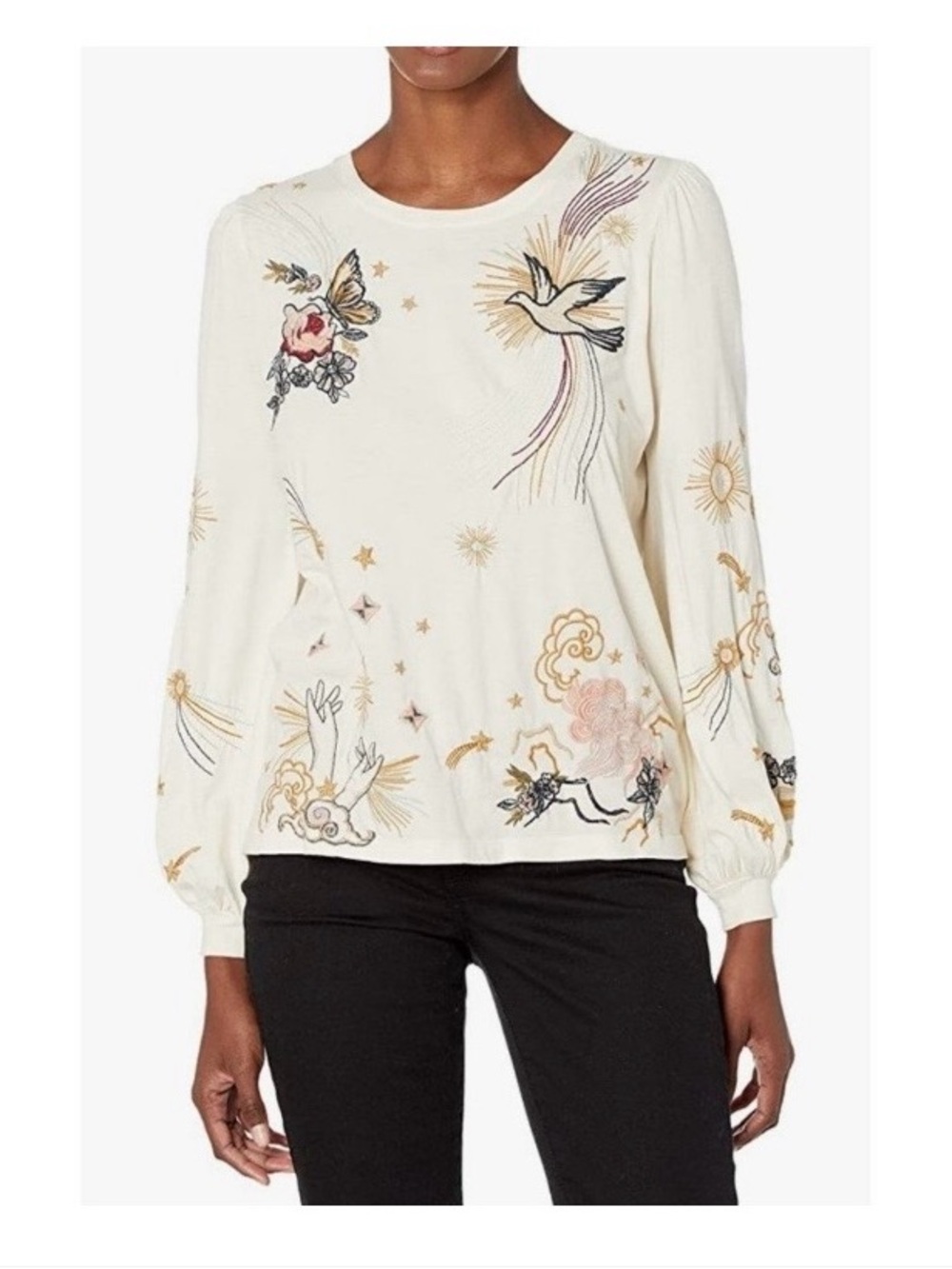 Johnny Was Selah Cuffed Puff Sleeve Embroidered Celestial Bird Top
